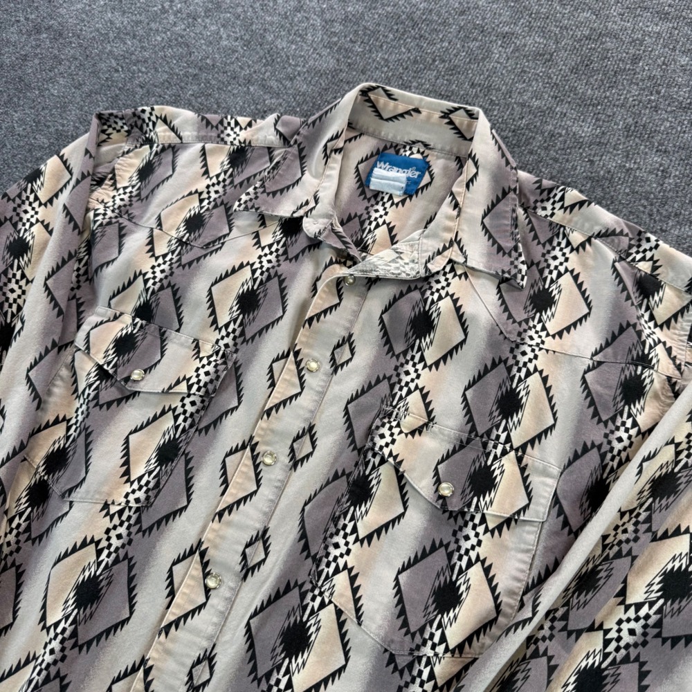 Wrangler Western Shirt Mens XL Grey Tan Aztec Southwestern Pearl Snap L/S